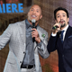 Lin-Manuel Miranda (right) sings with Dwayne Johnson at the premiere of Moana. Image: Disney